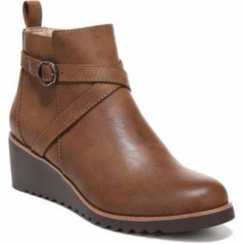 Life Stride Brown Tan Leather Wedge Ankle Booties with Ring Accent - Picture 3 of 4